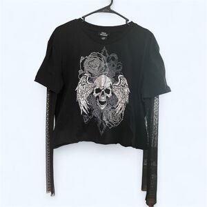 Social Collision Winged Skull & Rose Rhinestone Mesh Twofer Long-Sleeve Top XL